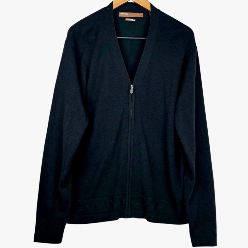Perry Ellis Black Merino Wool Blend Long Sleeve Zip Up V-Neck Cardigan Sweater L